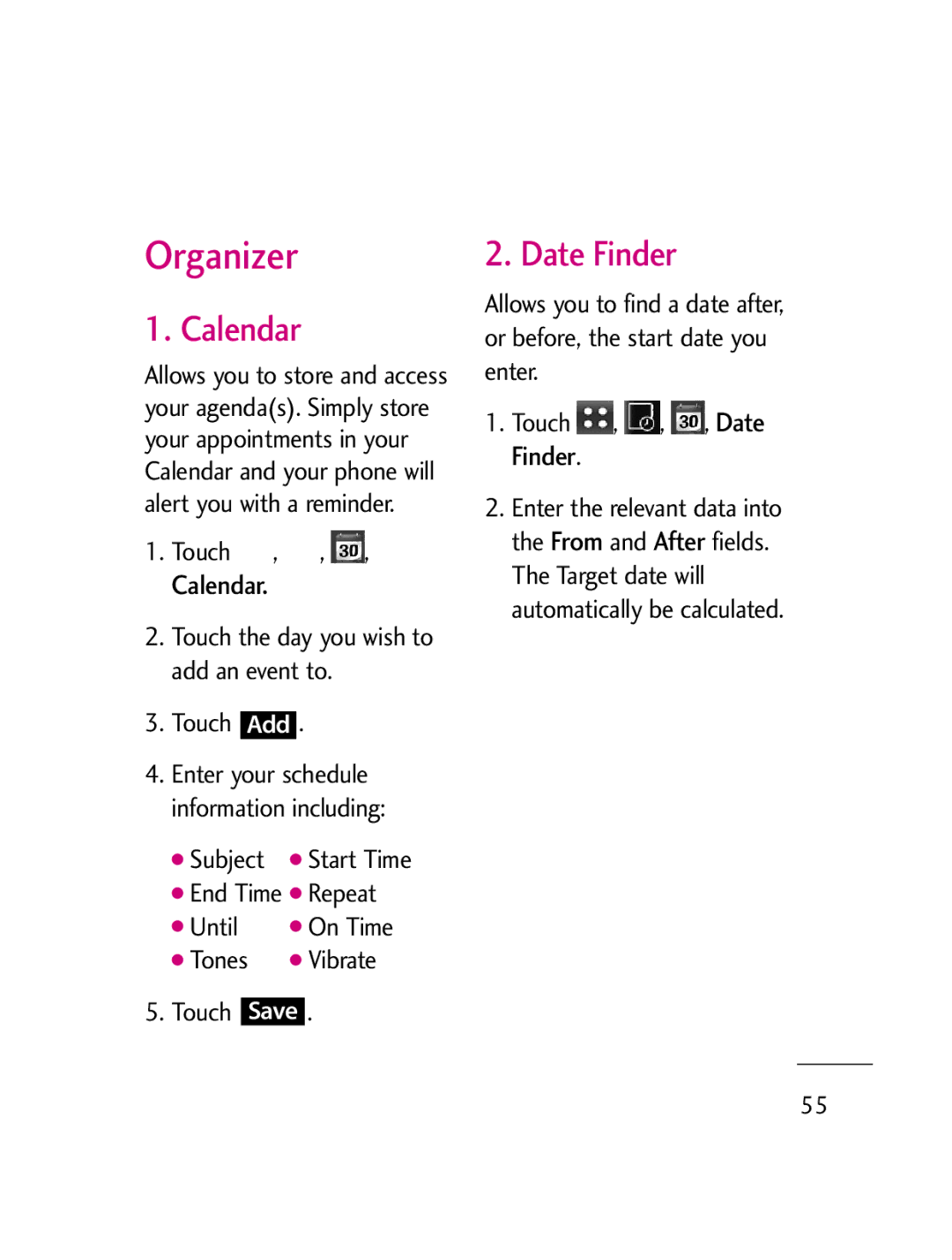 LG Electronics LG511C manual Date Finder, Calendar 