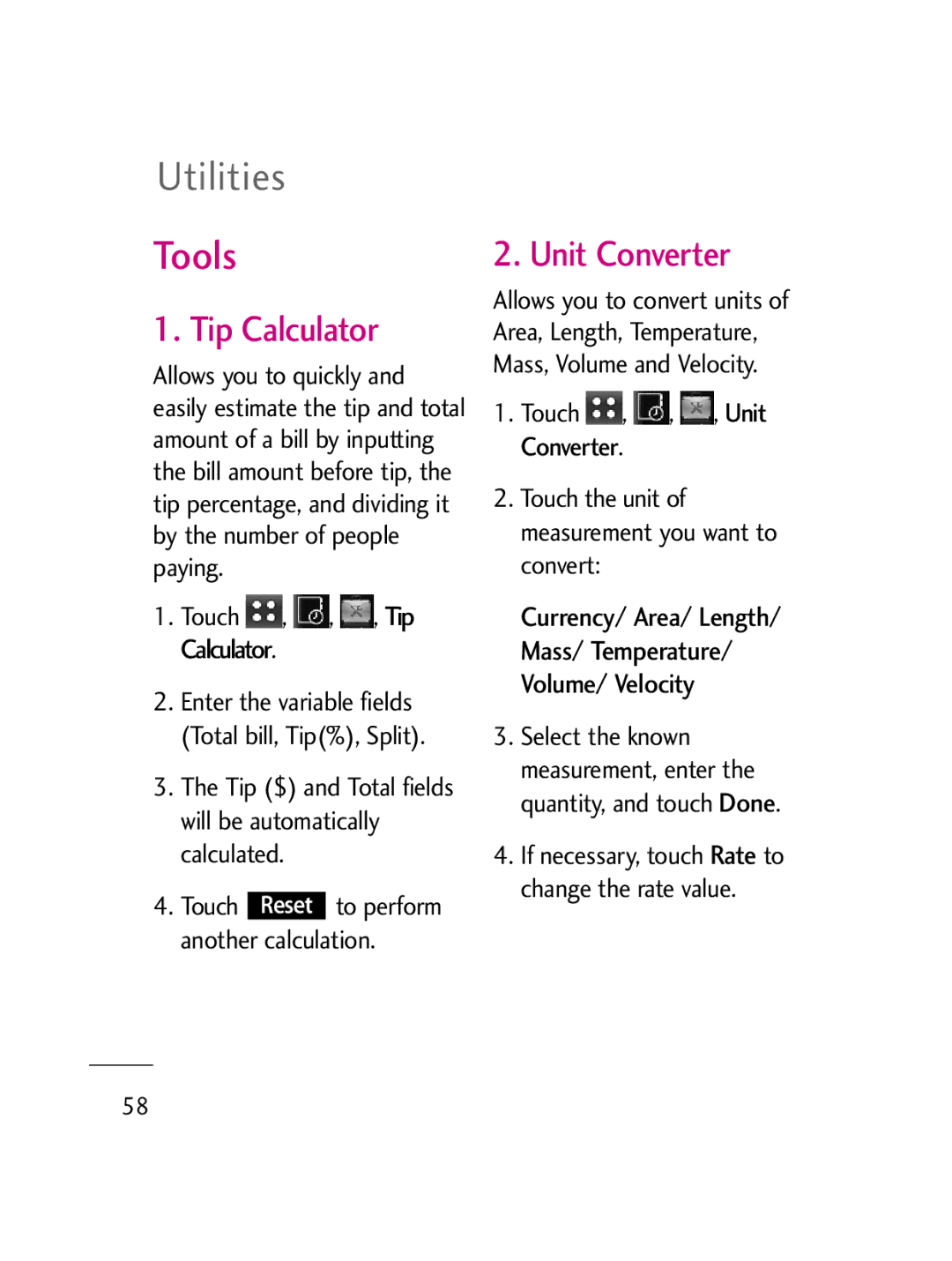 LG Electronics LG511C Tools, Unit Converter, Tip Calculator, Currency/ Area/ Length Mass/ Temperature Volume/ Velocity 