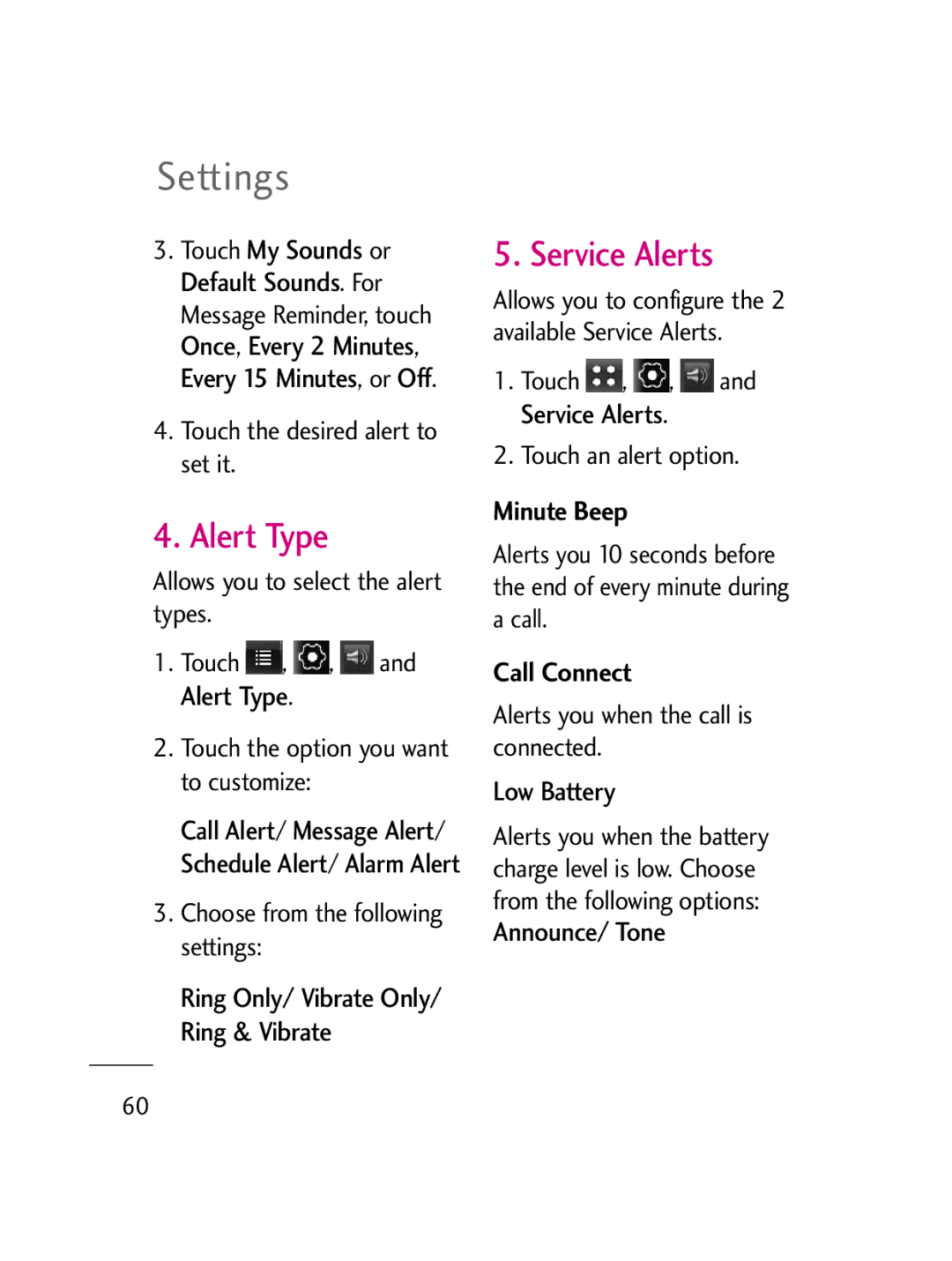 LG Electronics LG511C manual Alert Type, Service Alerts, Minute Beep, Call Connect 