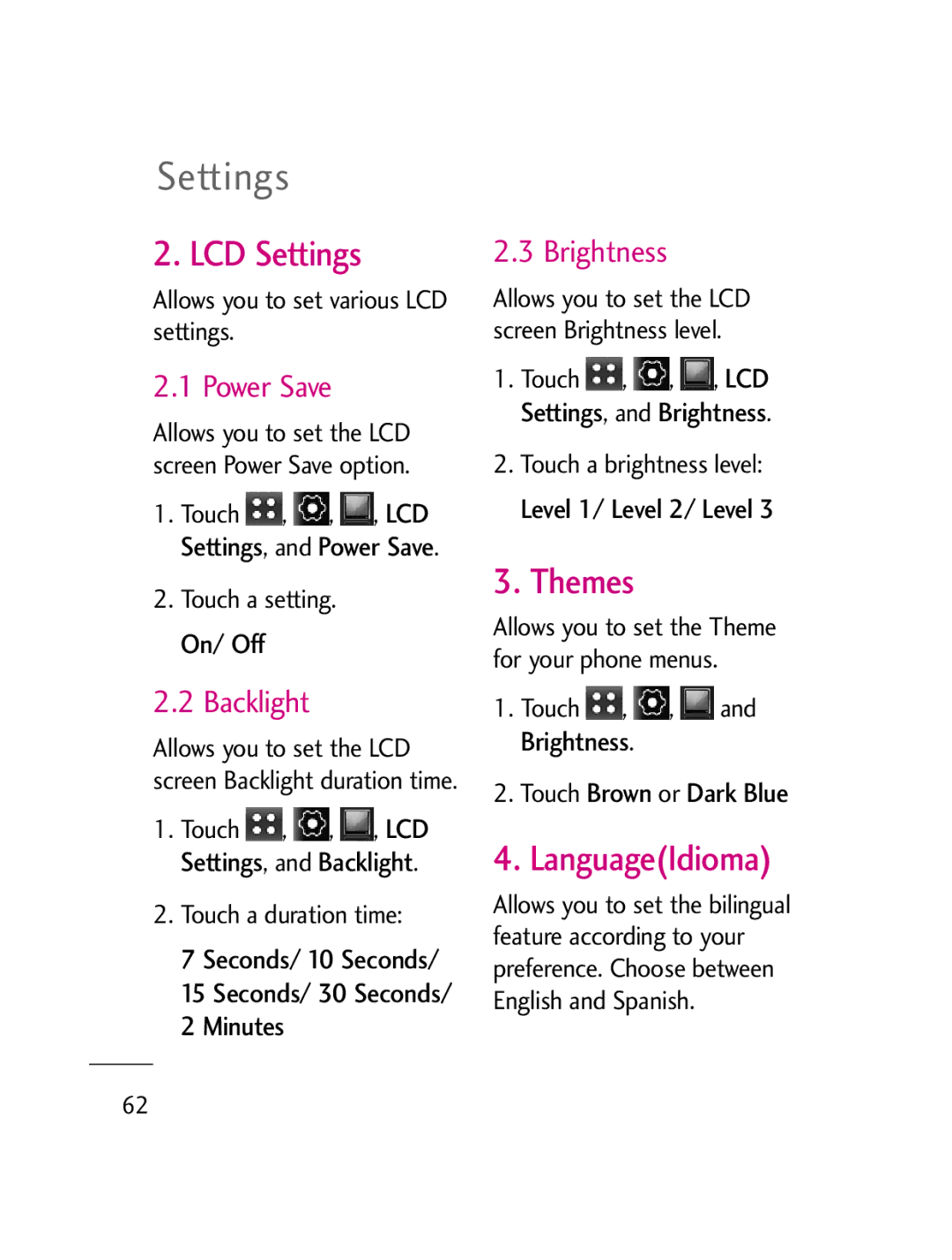 LG Electronics LG511C manual LCD Settings, Themes 