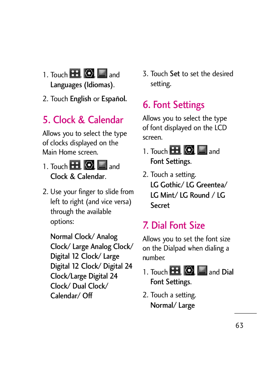 LG Electronics LG511C manual Clock & Calendar, Font Settings, Dial Font Size, Touch English or Español 