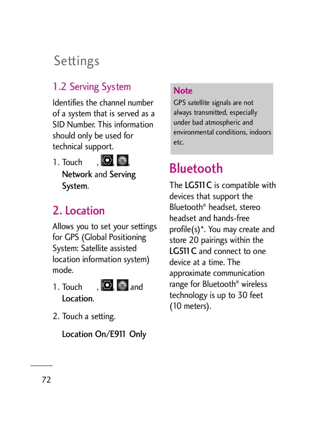 LG Electronics LG511C manual Bluetooth, Location, Touch , , , Network and Serving System 