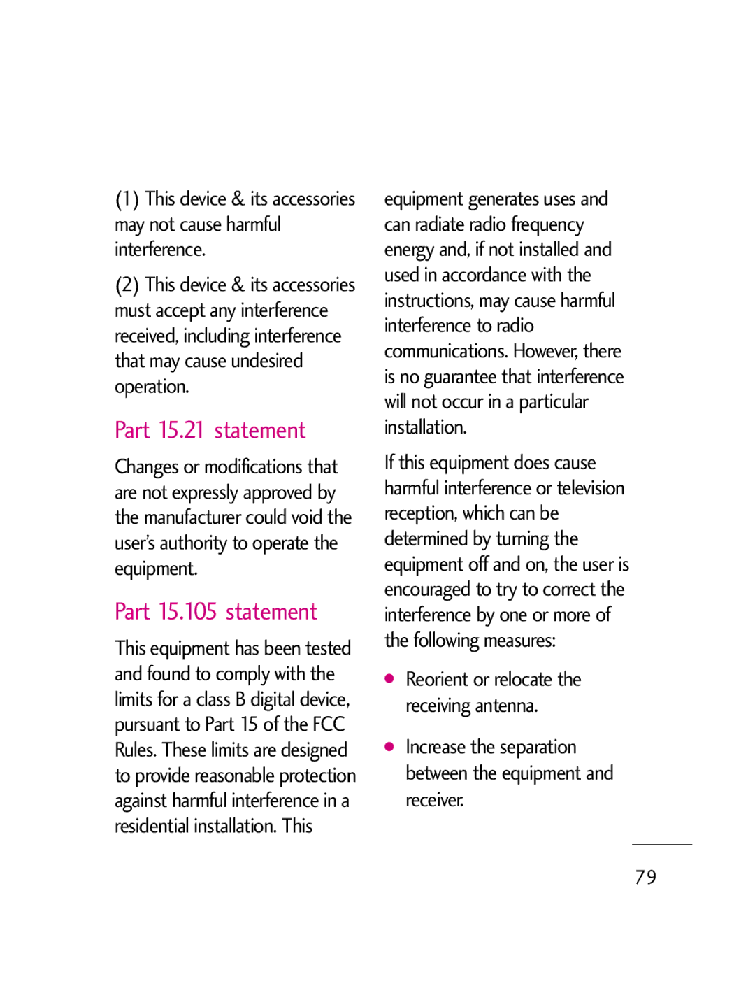 LG Electronics LG511C manual Part 15.21 statement, Part 15.105 statement 