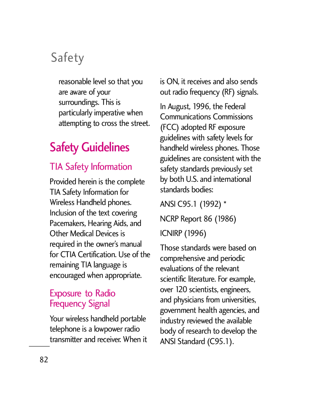 LG Electronics LG511C manual Safety Guidelines, TIA Safety Information Exposure to Radio Frequency Signal 