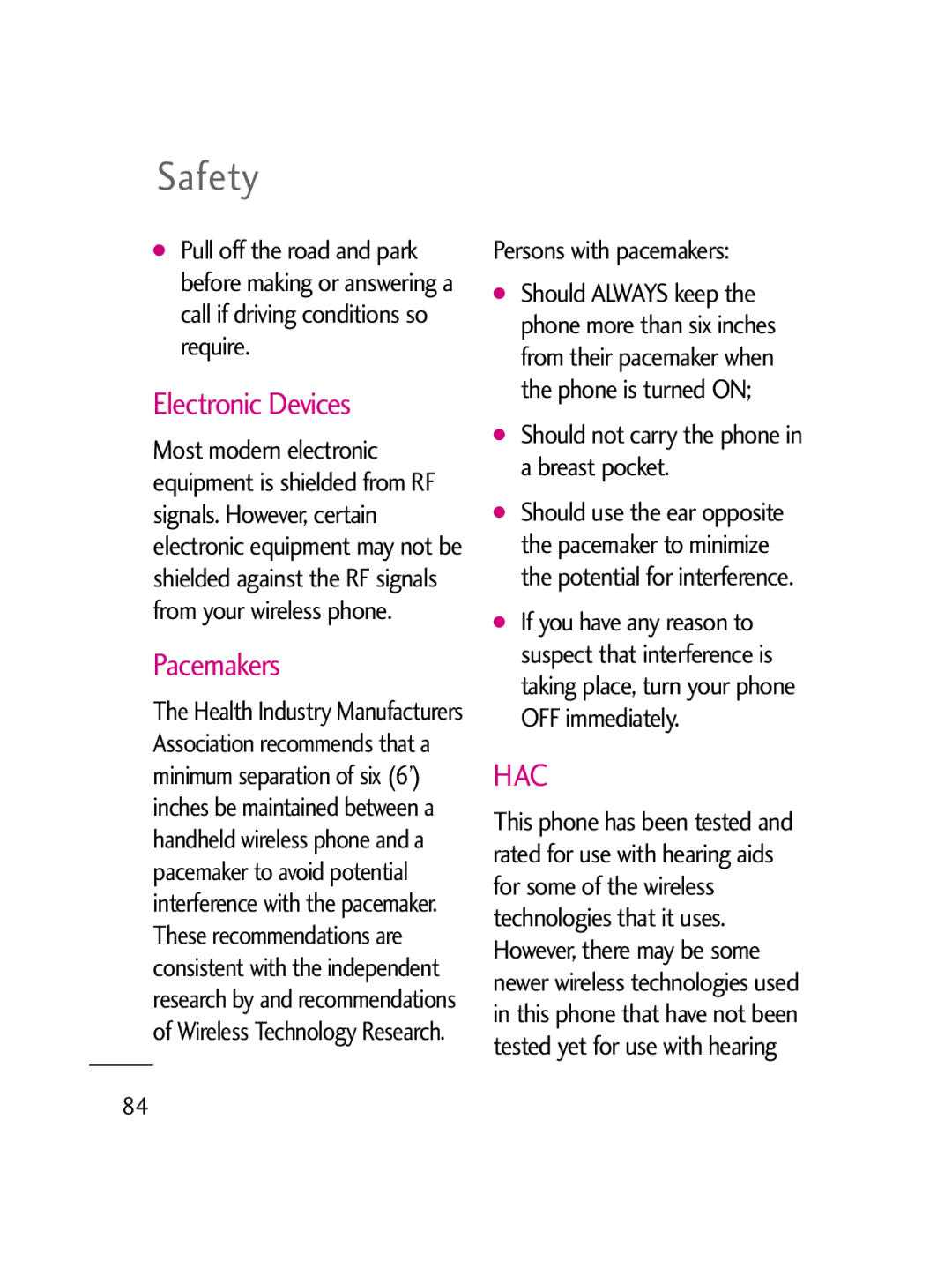 LG Electronics LG511C manual Electronic Devices, Pacemakers, Persons with pacemakers 