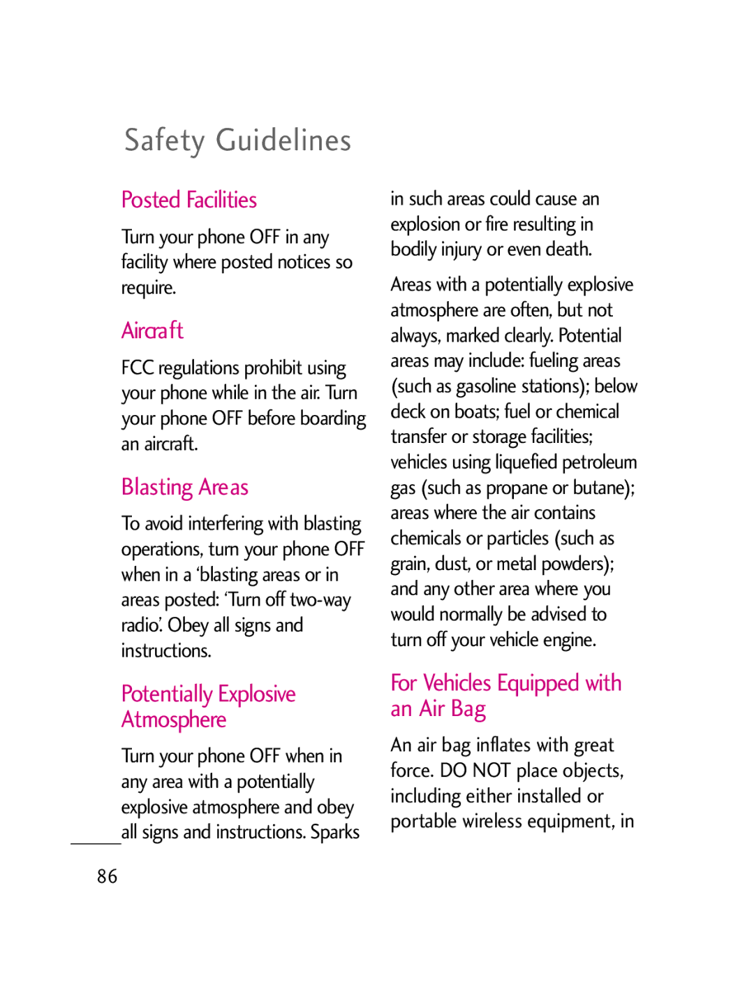 LG Electronics LG511C Safety Guidelines, Posted Facilities, Aircraft, Blasting Areas, Potentially Explosive Atmosphere 