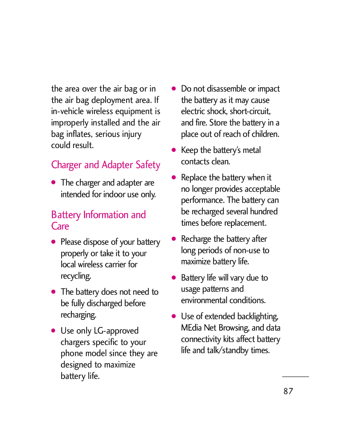 LG Electronics LG511C manual Battery Information and Care, Charger and Adapter Safety 