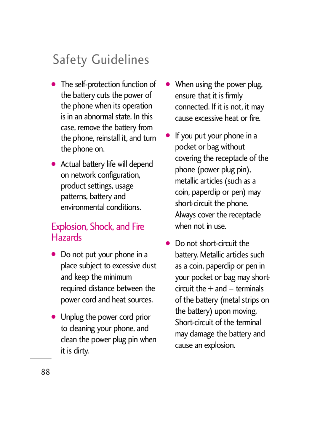 LG Electronics LG511C manual Explosion, Shock, and Fire Hazards 