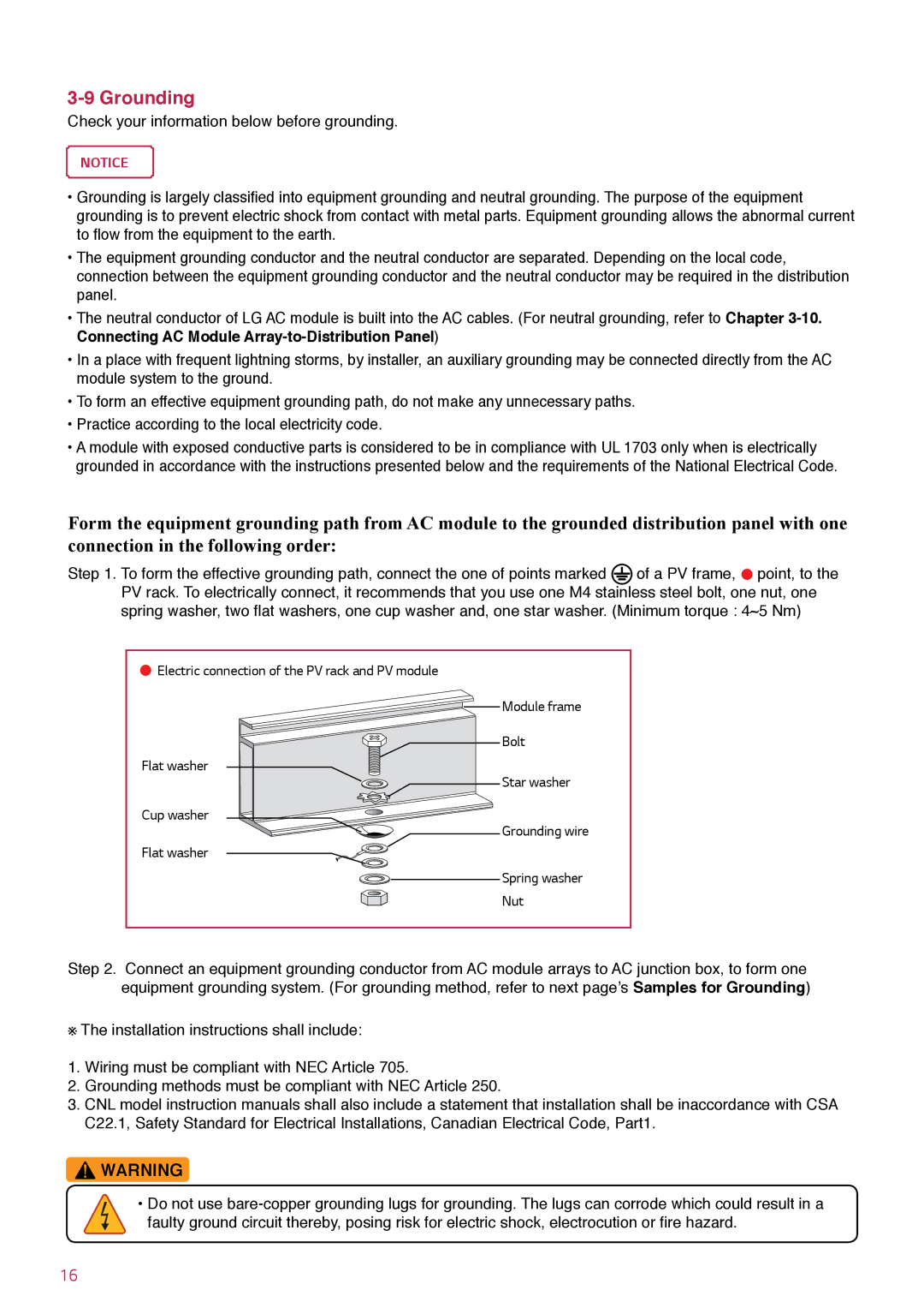 LG Electronics LGENBOX-01, LGxxxA1C-B3 installation instructions Grounding 