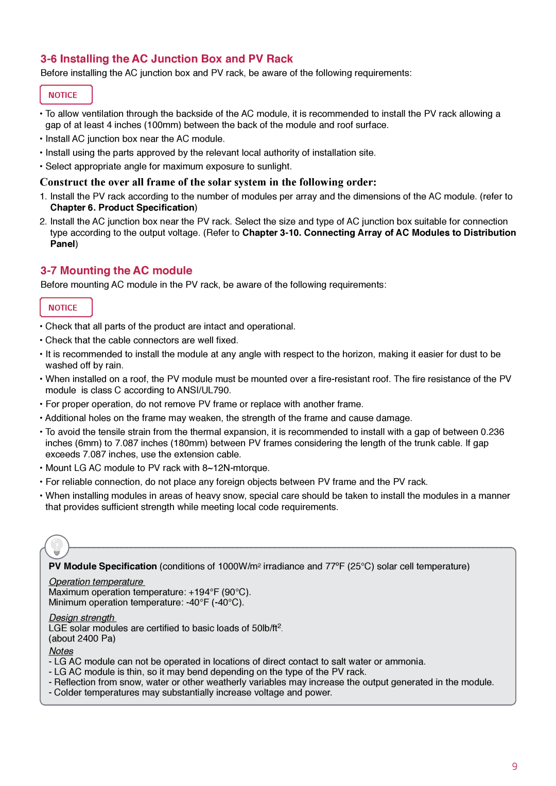 LG Electronics LGxxxA1C-B3 Installing the AC Junction Box and PV Rack, Mounting the AC module, Product Specification 
