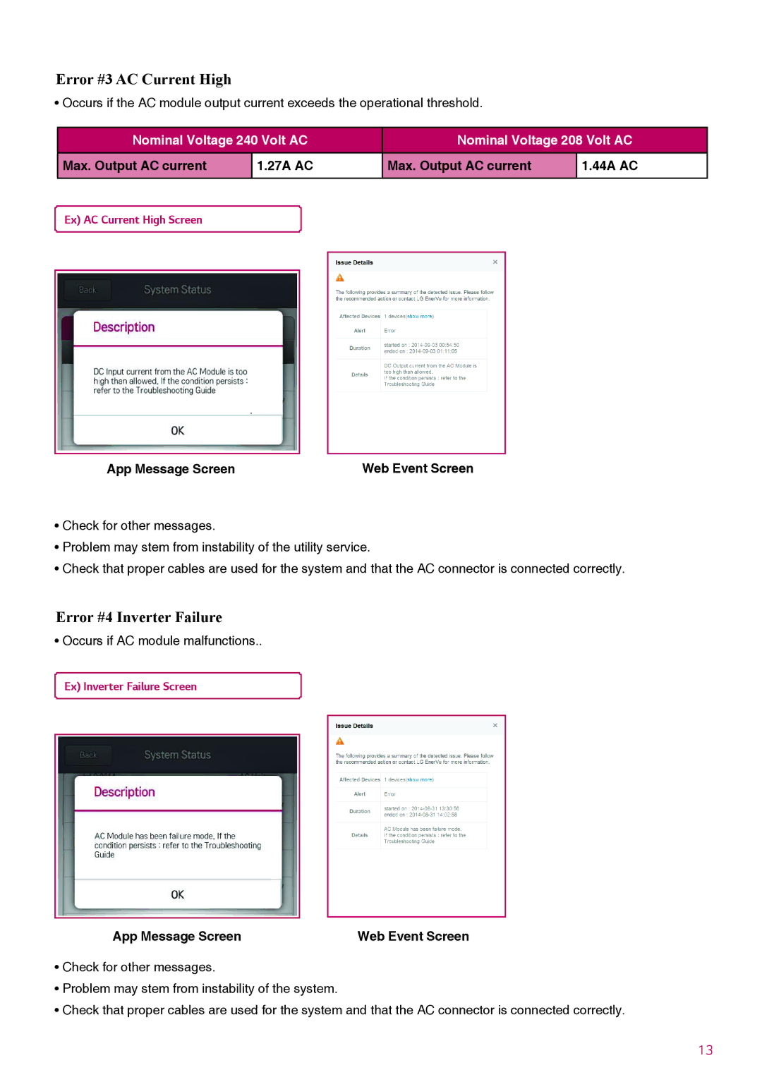 LG Electronics LGxxxA1C-B3 manual Error #3 AC Current High, Error #4 Inverter Failure, Ex AC Current High Screen 