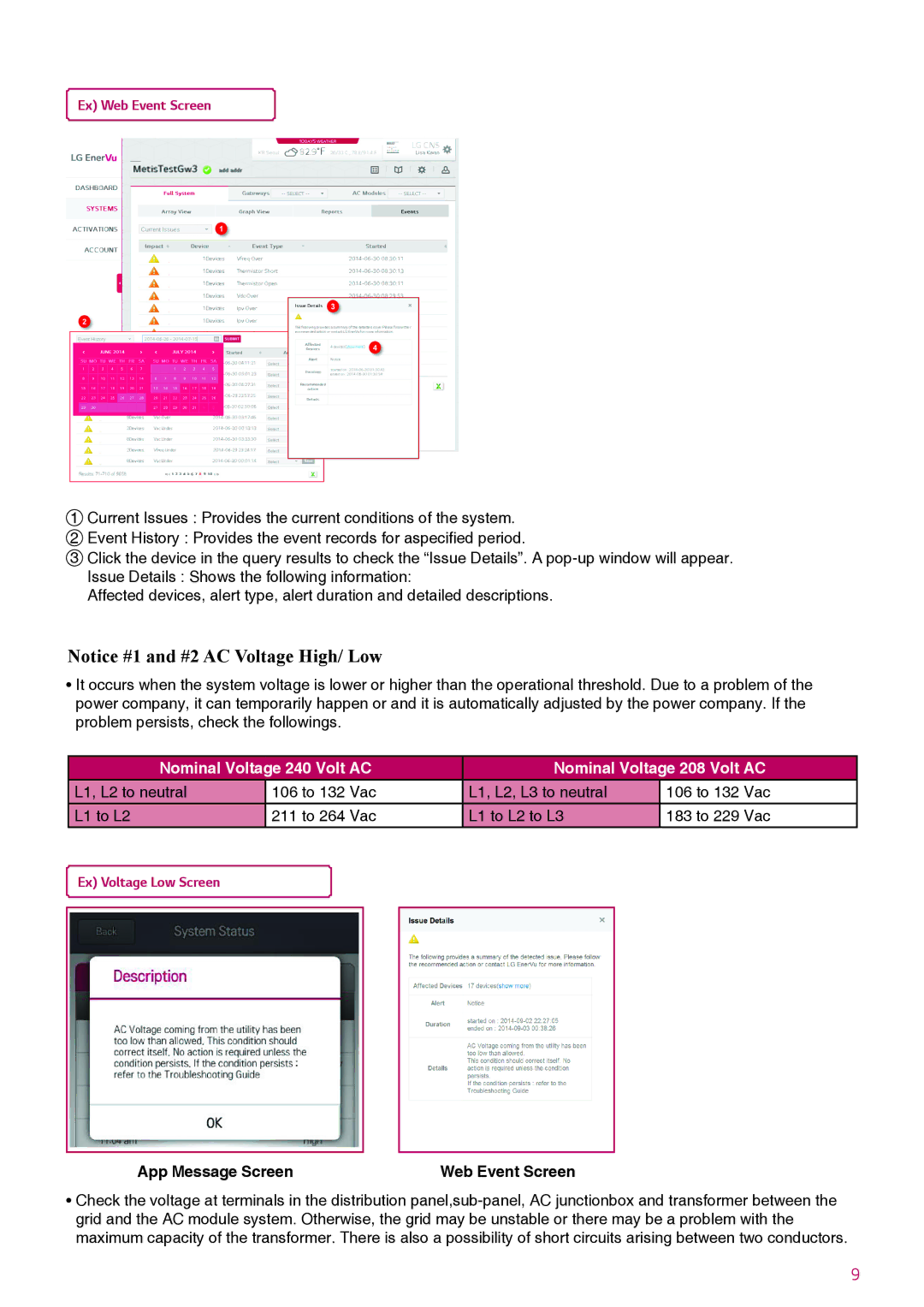 LG Electronics LGxxxA1C-B3 manual Ex Web Event Screen, Ex Voltage Low Screen, App Message Screen 