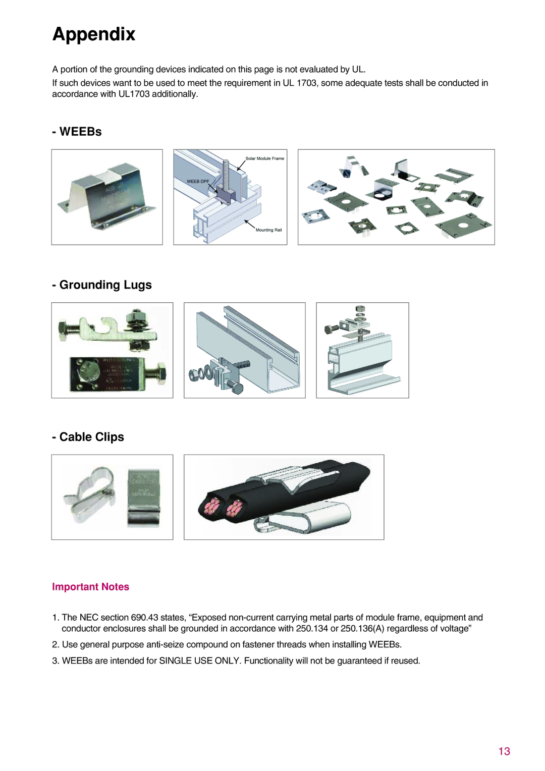 LG Electronics LGXXXN1C(W)-B3 installation instructions WEEBs Grounding Lugs Cable Clips, Important Notes 