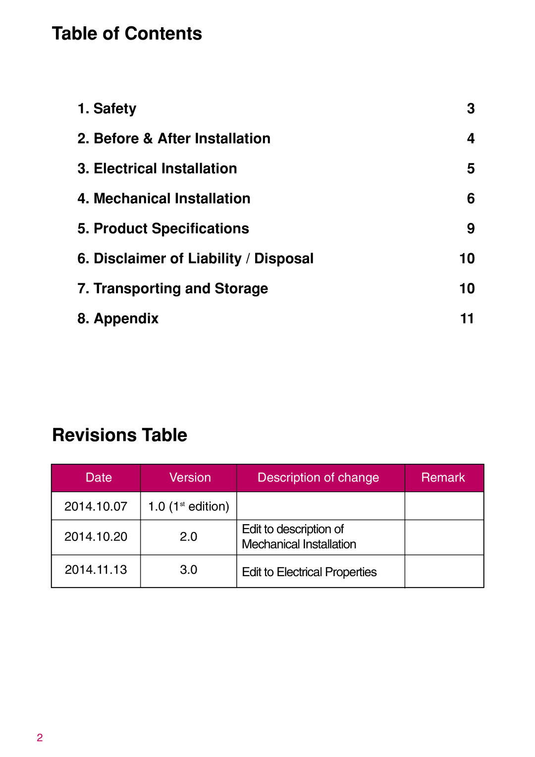 LG Electronics LGXXXN1C(W)-B3 installation instructions Table of Contents, Revisions Table 