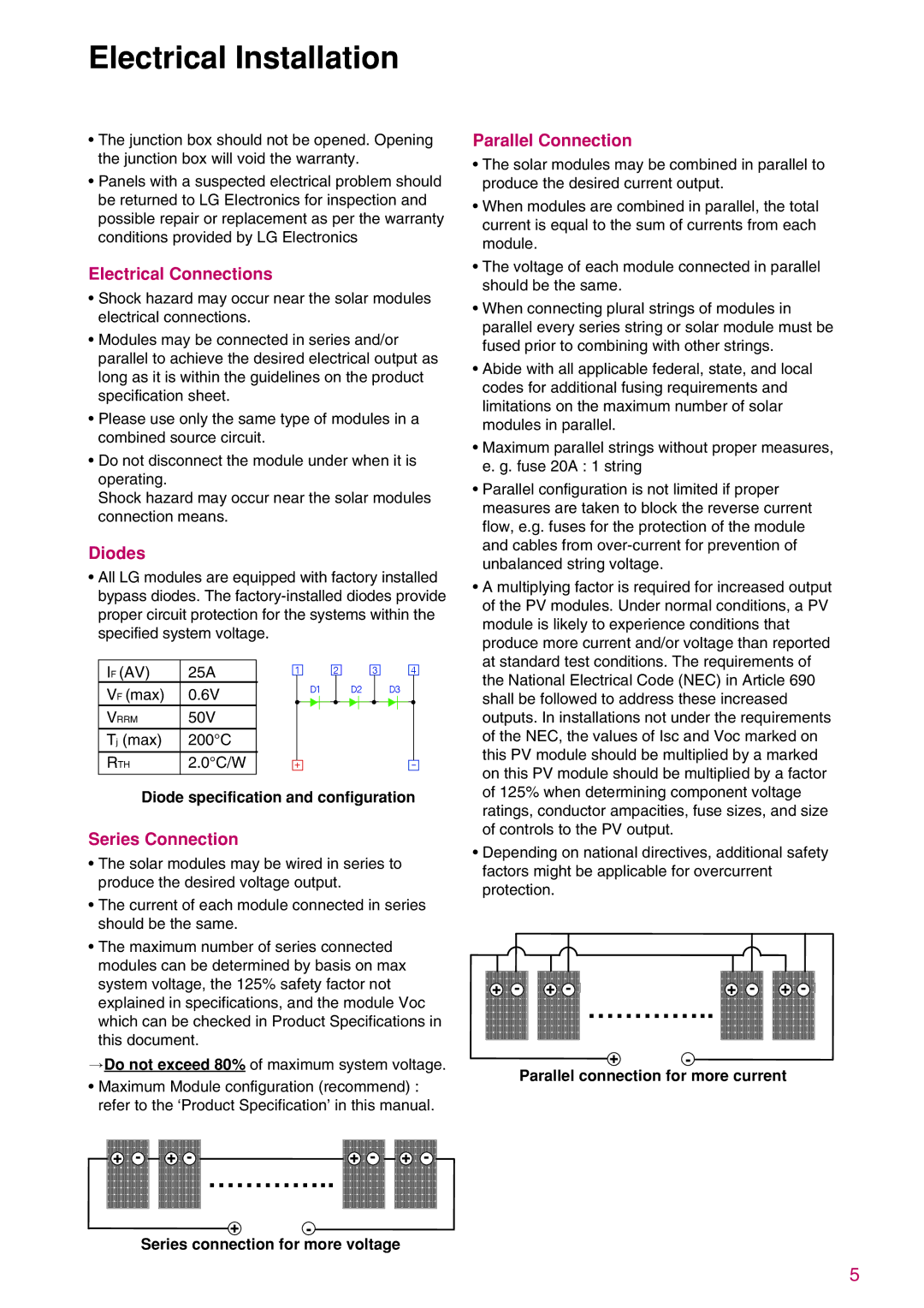 LG Electronics LGXXXN1C(W)-B3 Electrical Connections, Diodes, Series Connection, Parallel Connection 