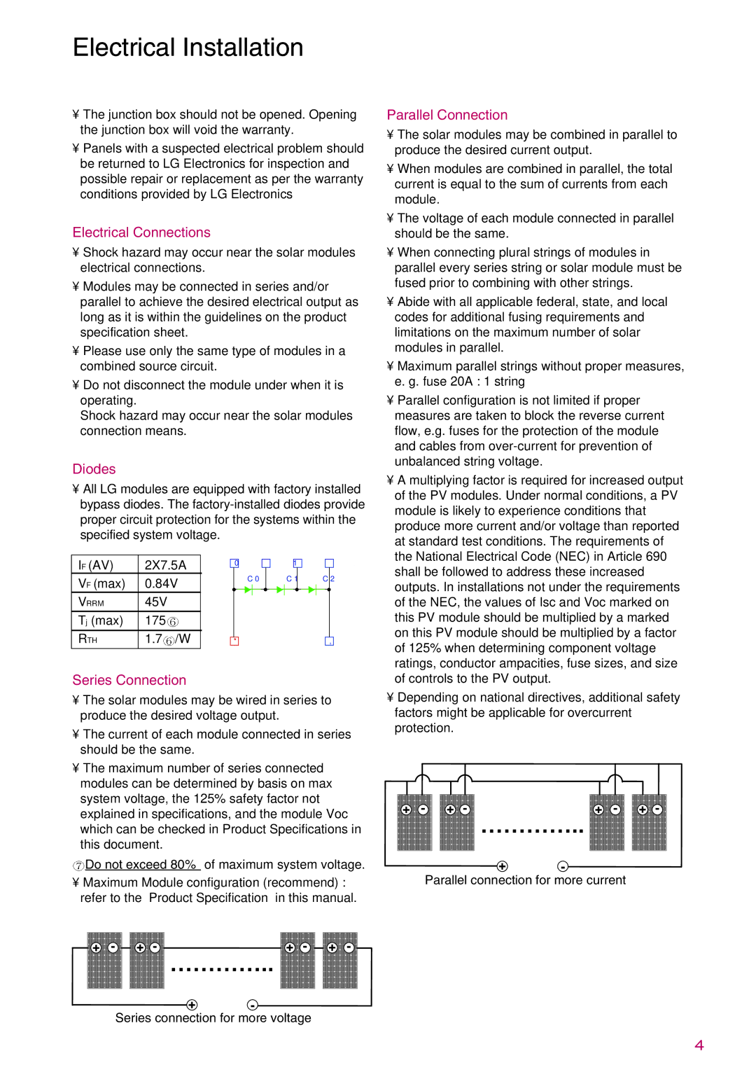 LG Electronics LGXXXN1C(W)-G3 Electrical Connections, Diodes, Series Connection, Parallel Connection 