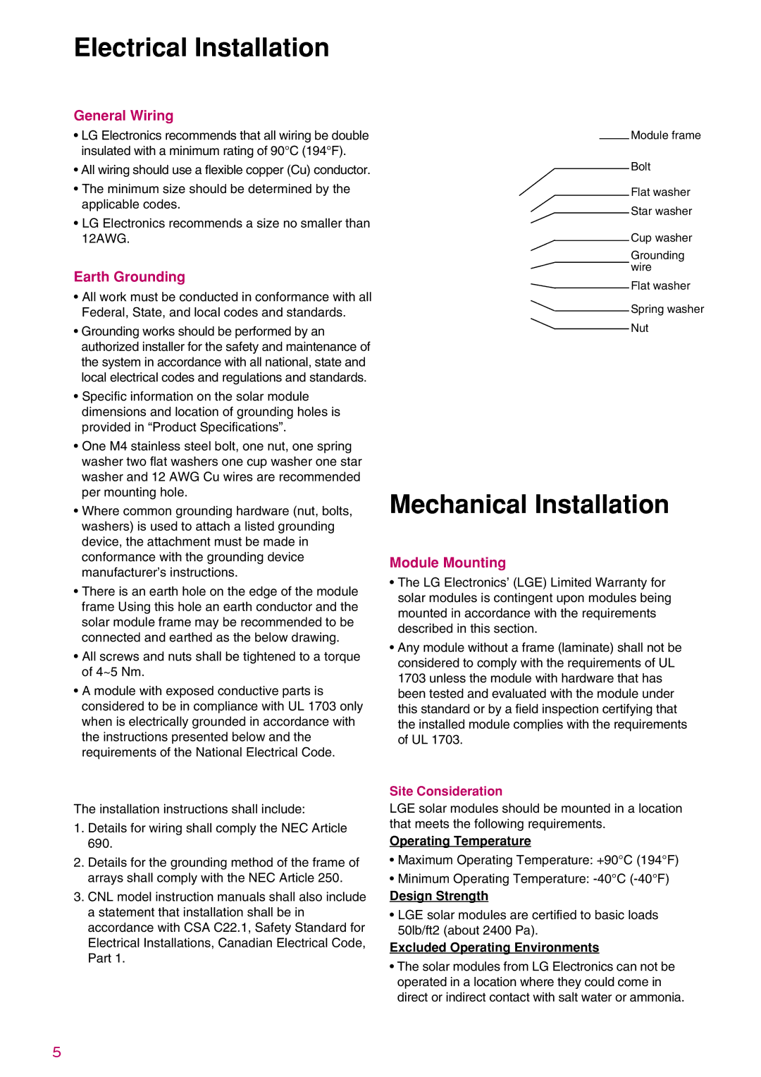 LG Electronics LGXXXN1C(W)-G3 Mechanical Installation, General Wiring, Earth Grounding, Module Mounting 