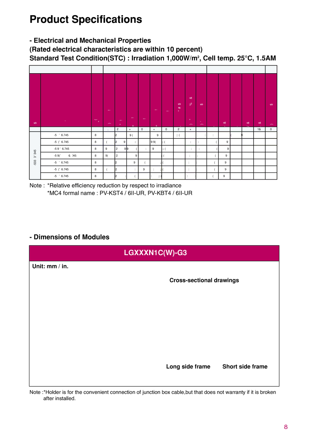 LG Electronics LGXXXN1C(W)-G3 installation instructions Product Specifications 