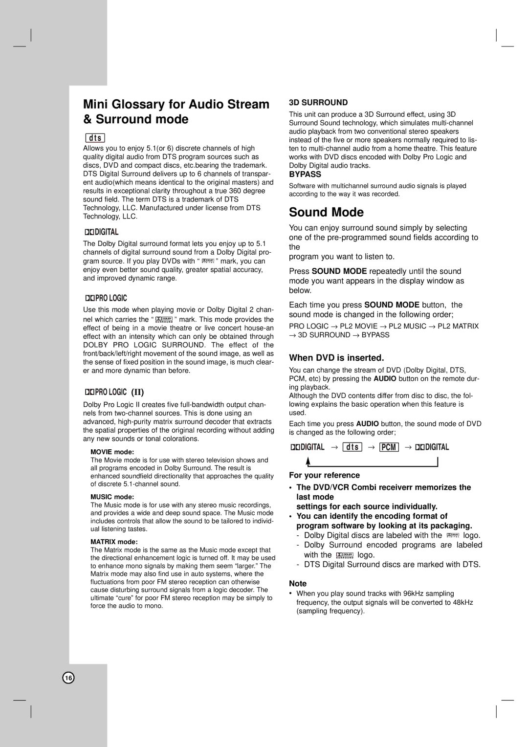 LG Electronics LH-CX245 Mini Glossary for Audio Stream & Surround mode, Sound Mode, When DVD is inserted, 3D Surround 