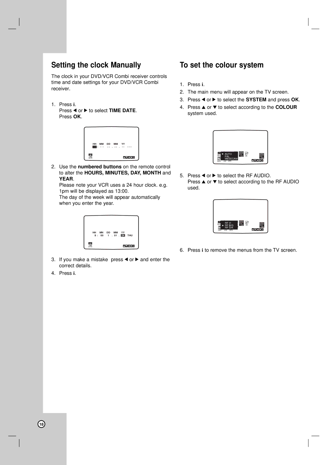 LG Electronics LH-CX245 owner manual Setting the clock Manually, To set the colour system 