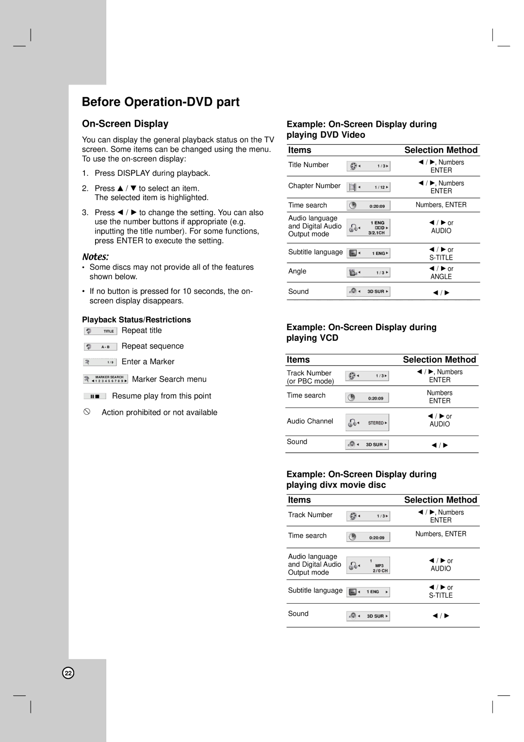 LG Electronics LH-CX245 Before Operation-DVD part, On-Screen Display, Playback Status/Restrictions, Selection Method 