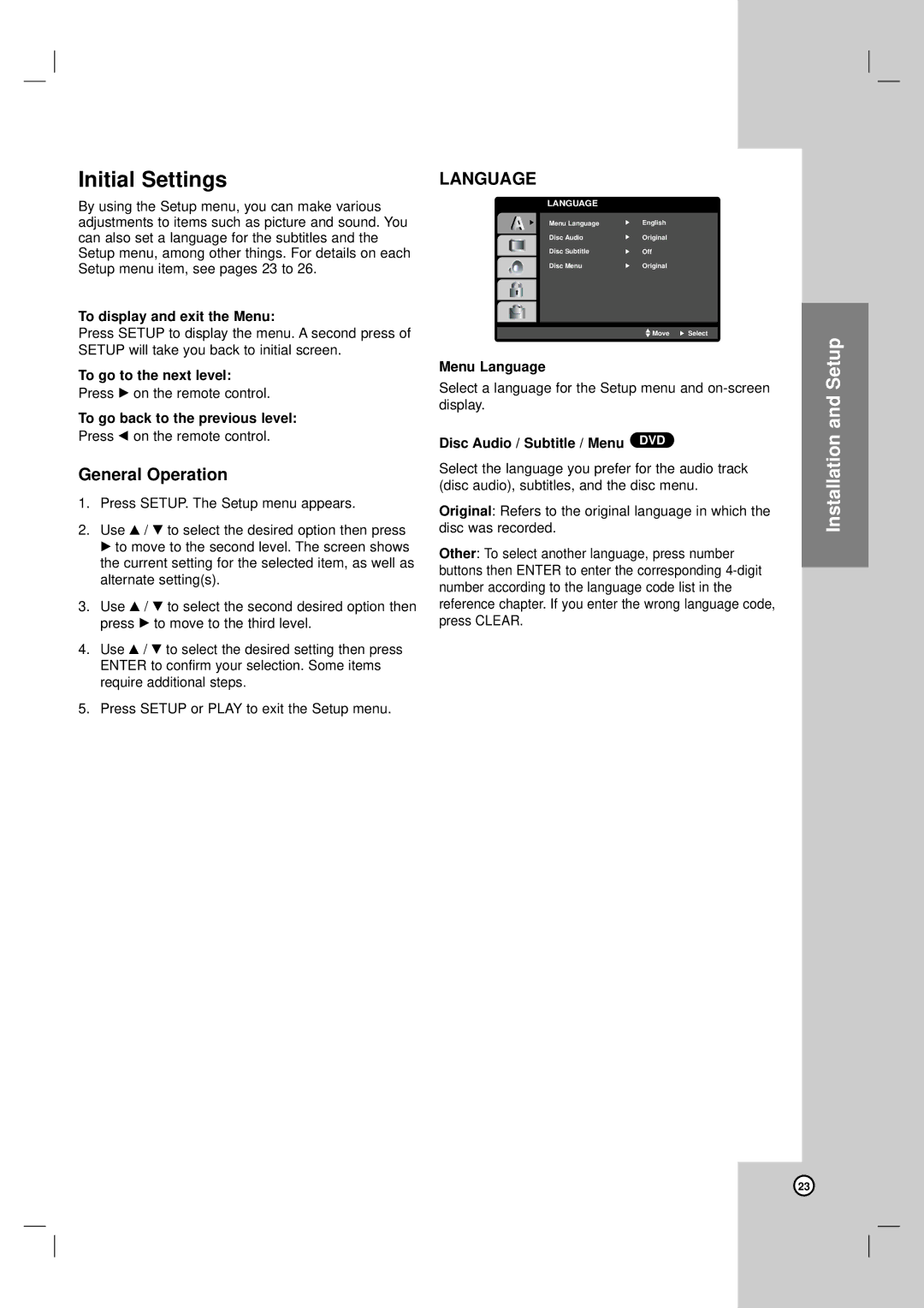 LG Electronics LH-CX245 owner manual Initial Settings, General Operation 