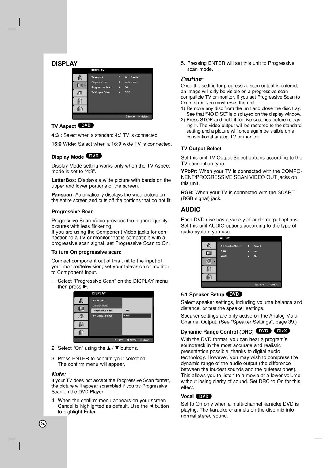 LG Electronics LH-CX245 TV Aspect DVD, Display Mode DVD, Progressive Scan, To turn On progressive scan, TV Output Select 