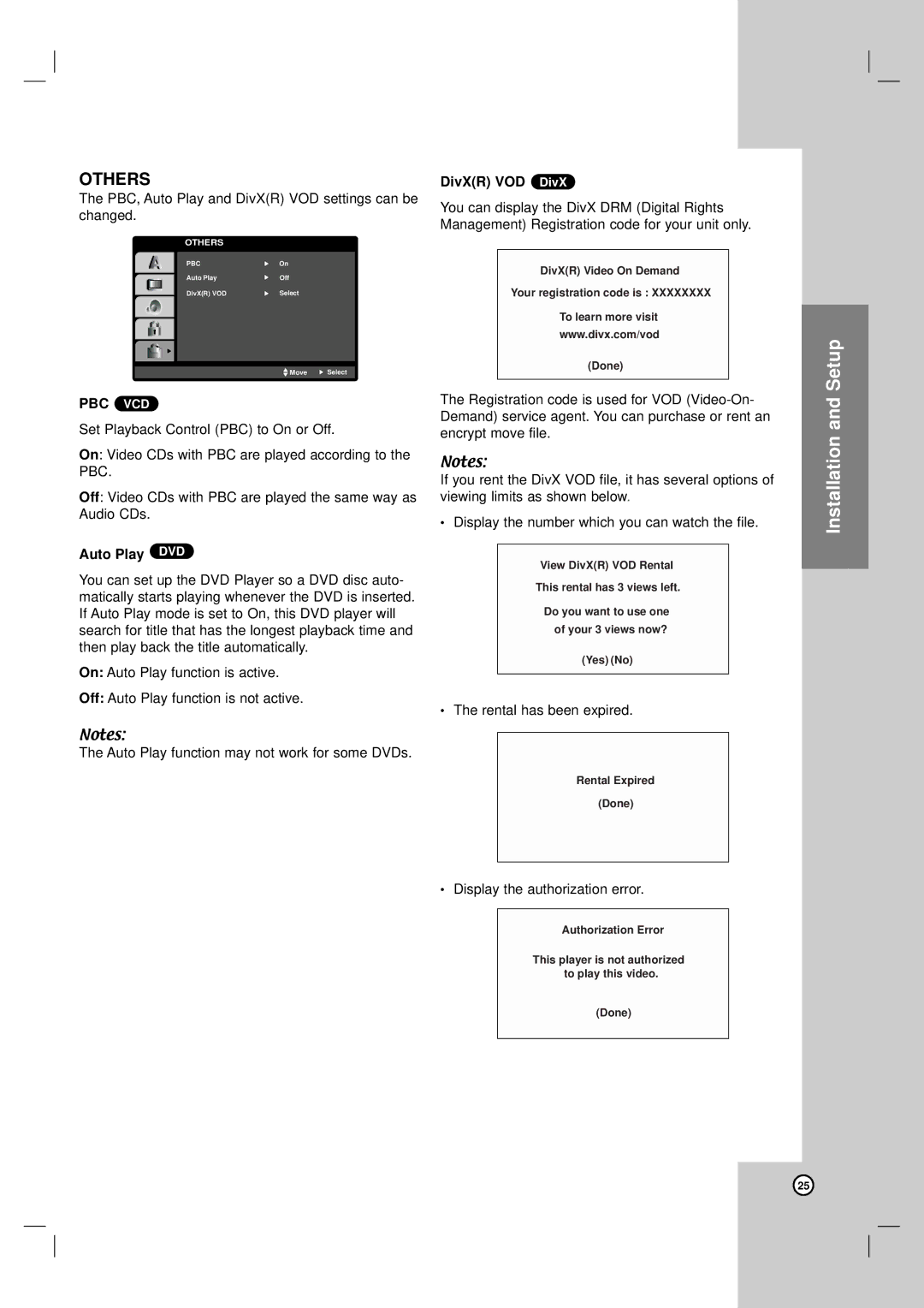 LG Electronics LH-CX245 owner manual Pbc Vcd, Auto Play DVD, DivXR VOD DivX 