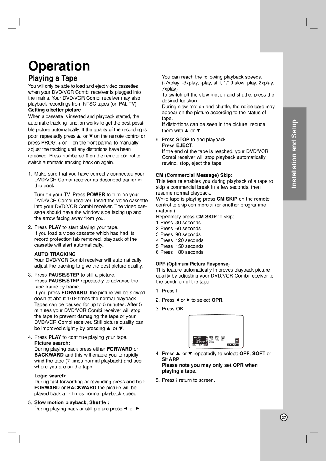 LG Electronics LH-CX245 owner manual Playing a Tape, Auto Tracking, Sharp 