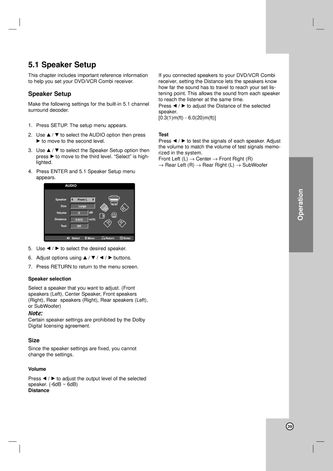 LG Electronics LH-CX245 owner manual Speaker Setup, Size 