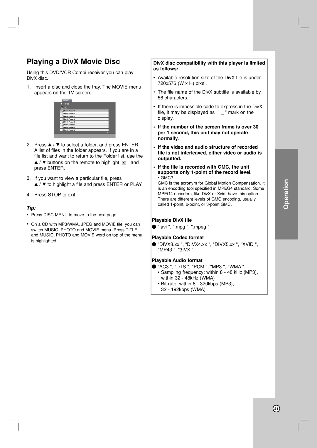 LG Electronics LH-CX245 Playing a DivX Movie Disc, Playable DivX file, Playable Codec format, Playable Audio format 