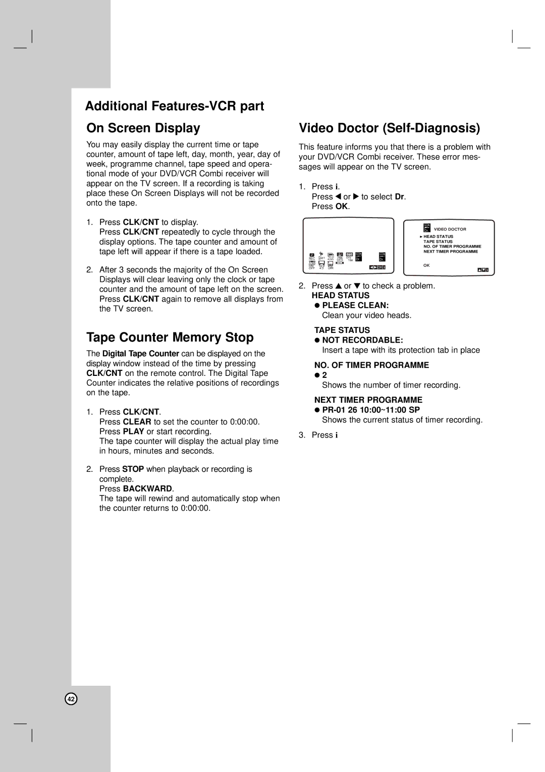 LG Electronics LH-CX245 owner manual Additional Features-VCR part On Screen Display, Video Doctor Self-Diagnosis 