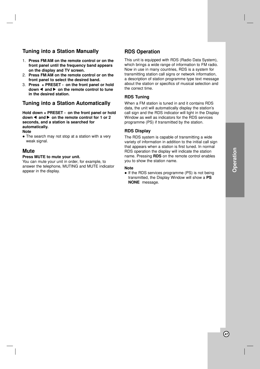 LG Electronics LH-CX245 Tuning into a Station Manually, Tuning into a Station Automatically, Mute, RDS Operation 