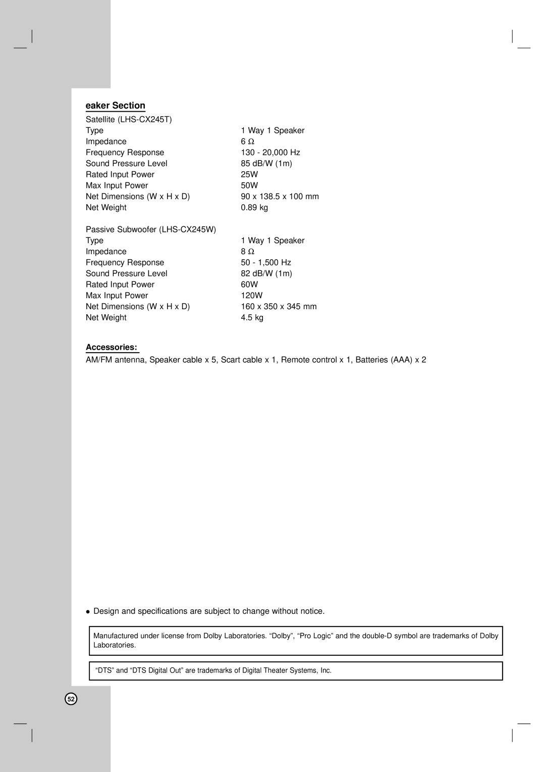 LG Electronics LH-CX245 owner manual Eaker Section, Accessories 