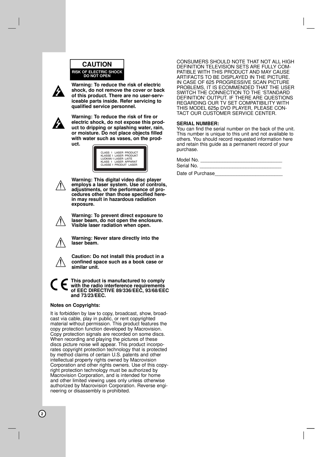 LG Electronics LH-CX245 owner manual Warning Never stare directly into the laser beam, Notes on Copyrights, Serial Number 