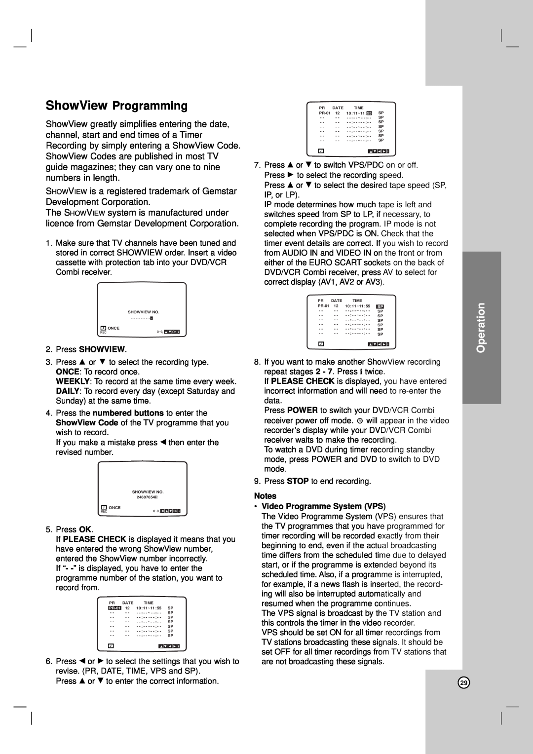 LG Electronics LH-CX245 owner manual ShowView Programming, Operation 