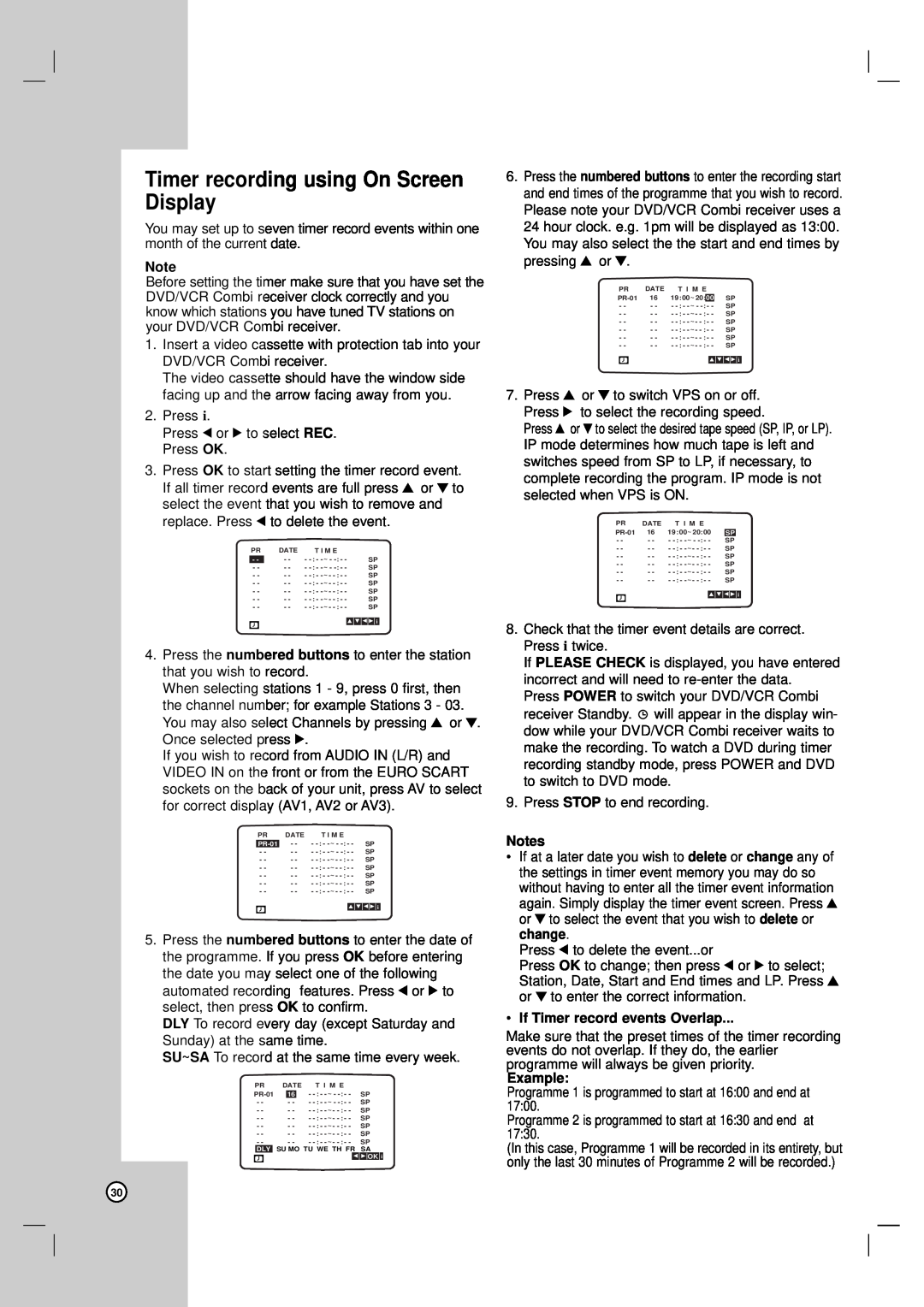 LG Electronics LH-CX245 owner manual Timer recording using On Screen Display, If Timer record events Overlap, Example 