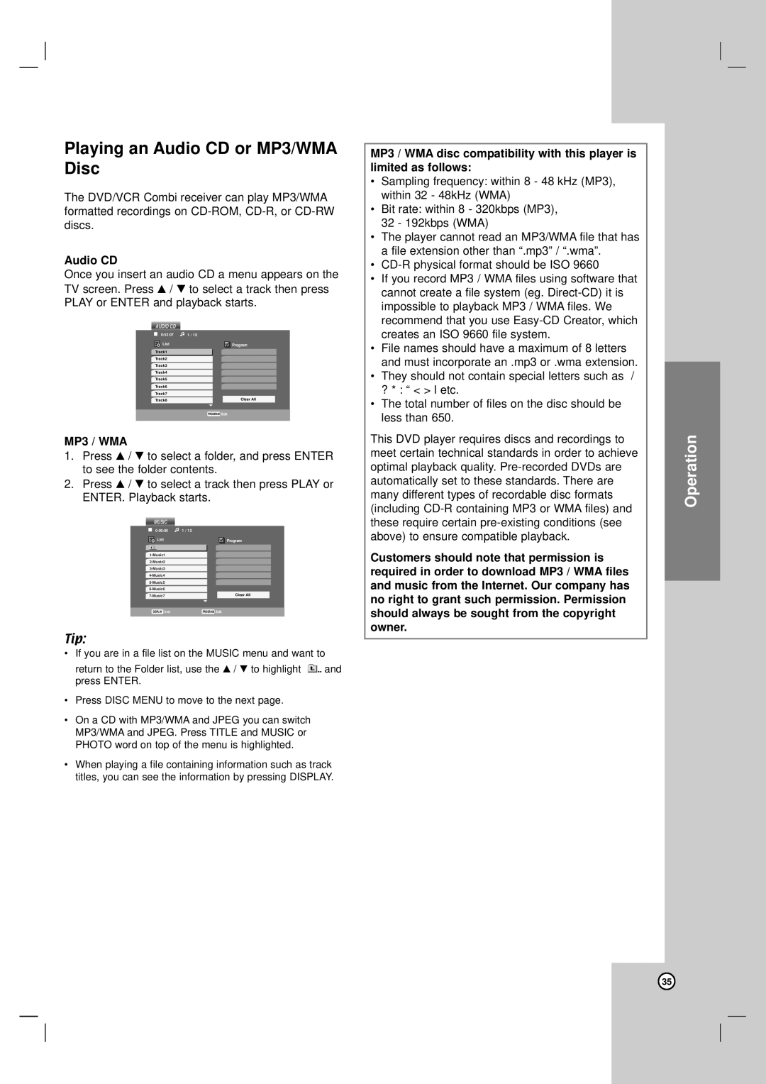 LG Electronics LH-CX245 owner manual Playing an Audio CD or MP3/WMA Disc, Operation, MP3 / WMA 