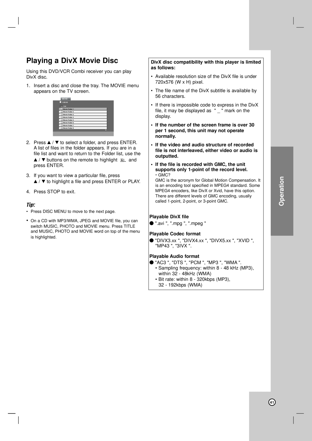 LG Electronics LH-CX245 owner manual Playing a DivX Movie Disc, Operation, Playable DivX file, Playable Codec format 