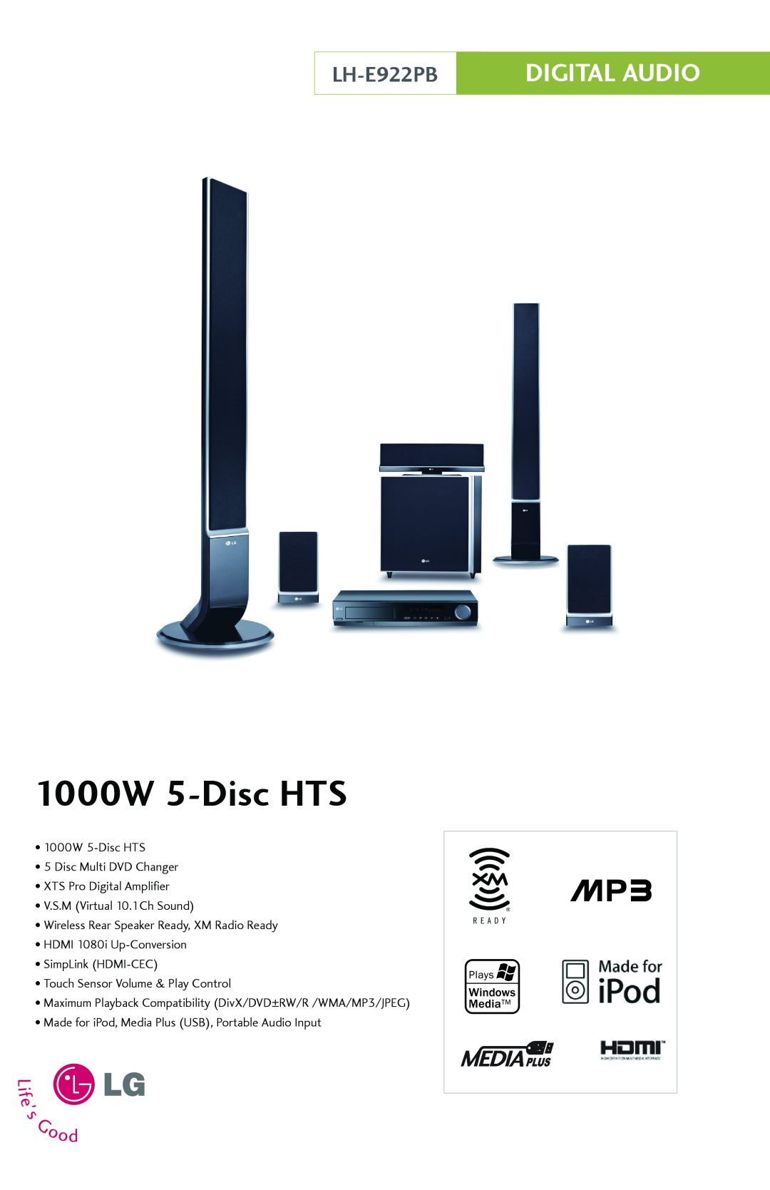 LG Electronics LH-E922PB manual Digital Audio, 1000W 5-DiscHTS 5 Disc Multi DVD Changer, XTS Pro Digital Amplifier 