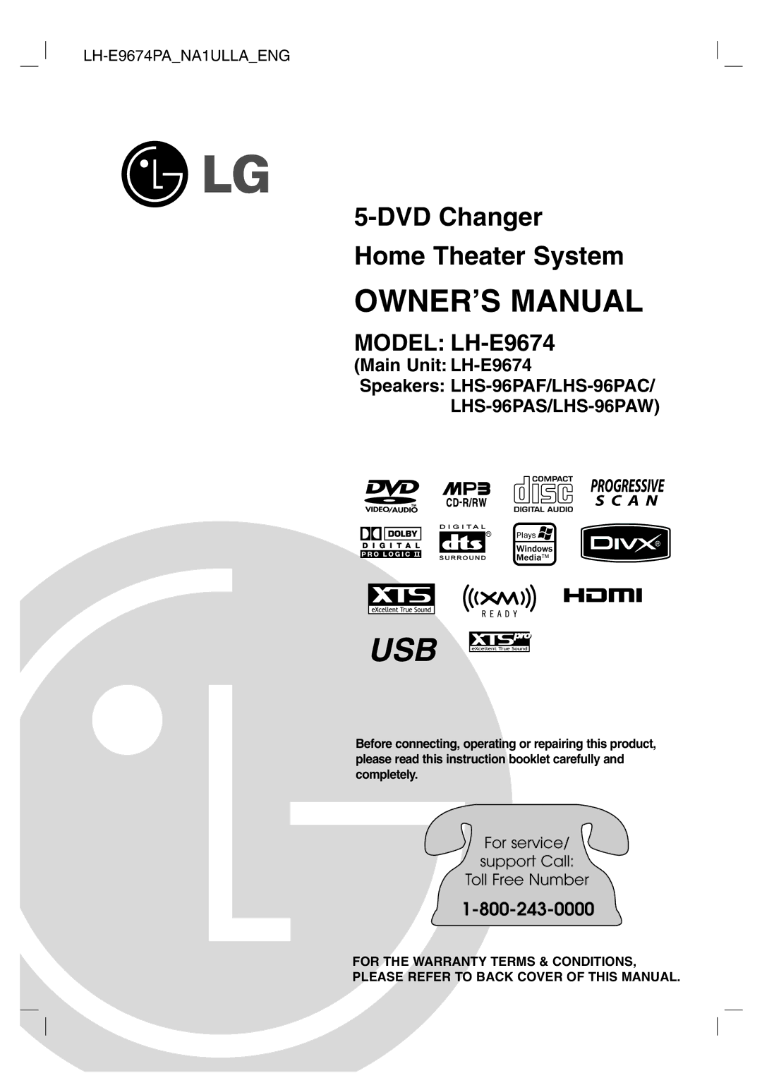 LG Electronics owner manual Usb, Main Unit LH-E9674 Speakers LHS-96PAF/LHS-96PAC 