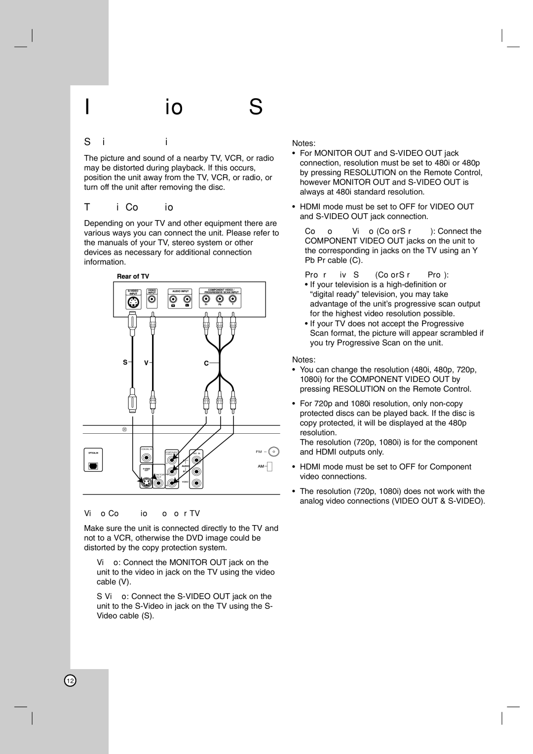 LG Electronics LH-E9674 owner manual Installation and Setup, Video Connections to Your TV 