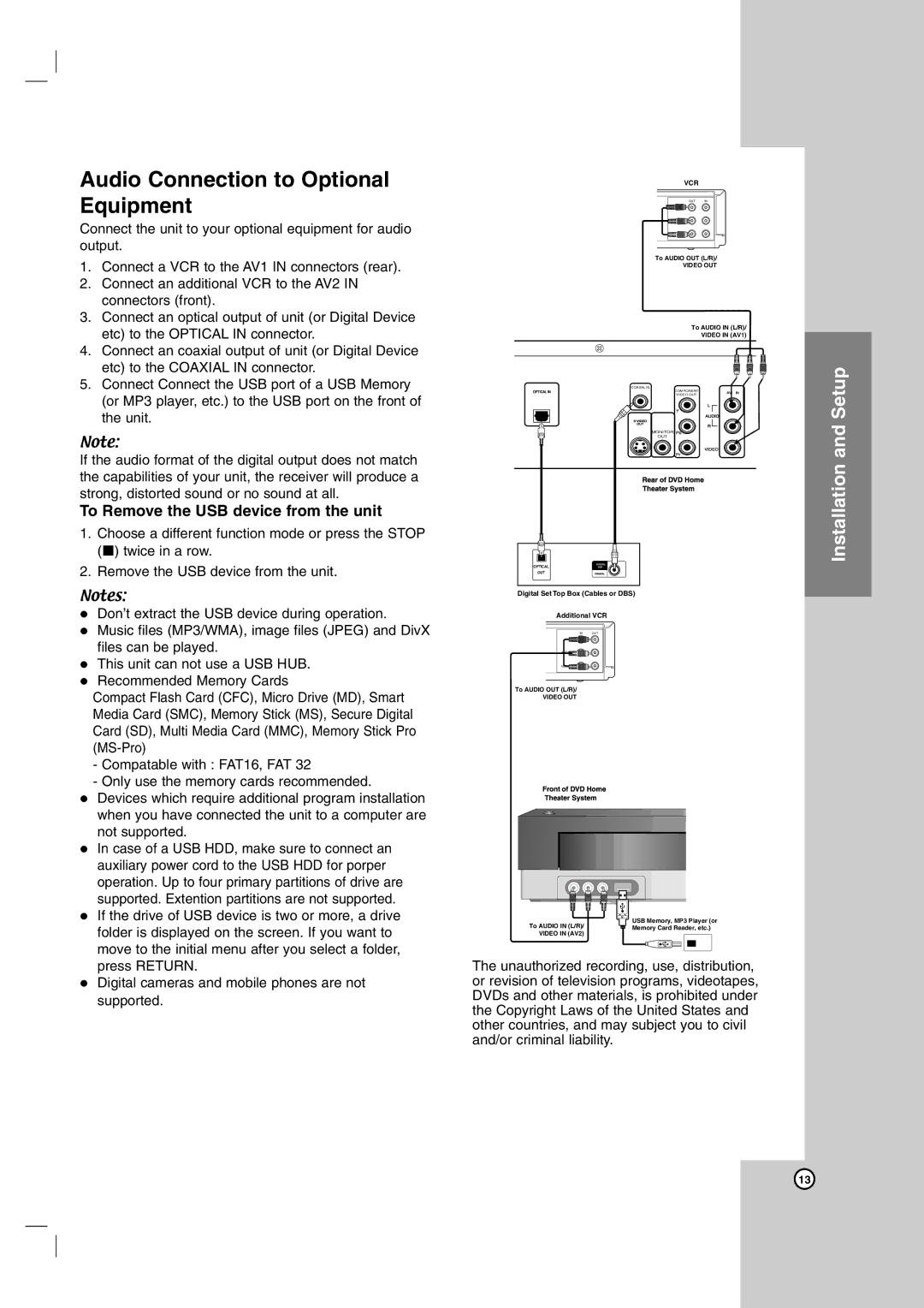 LG Electronics LH-E9674 owner manual Audio Connection to Optional Equipment, To Remove the USB device from the unit 