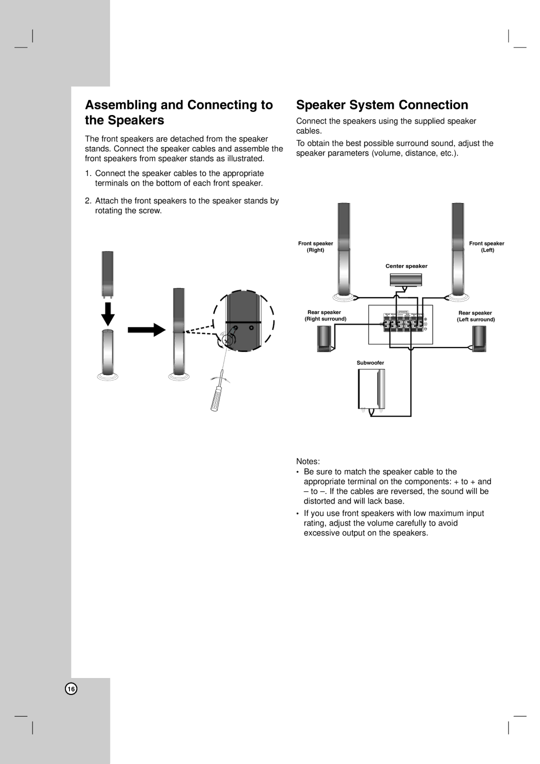 LG Electronics LH-E9674 owner manual Assembling and Connecting to the Speakers, Speaker System Connection 