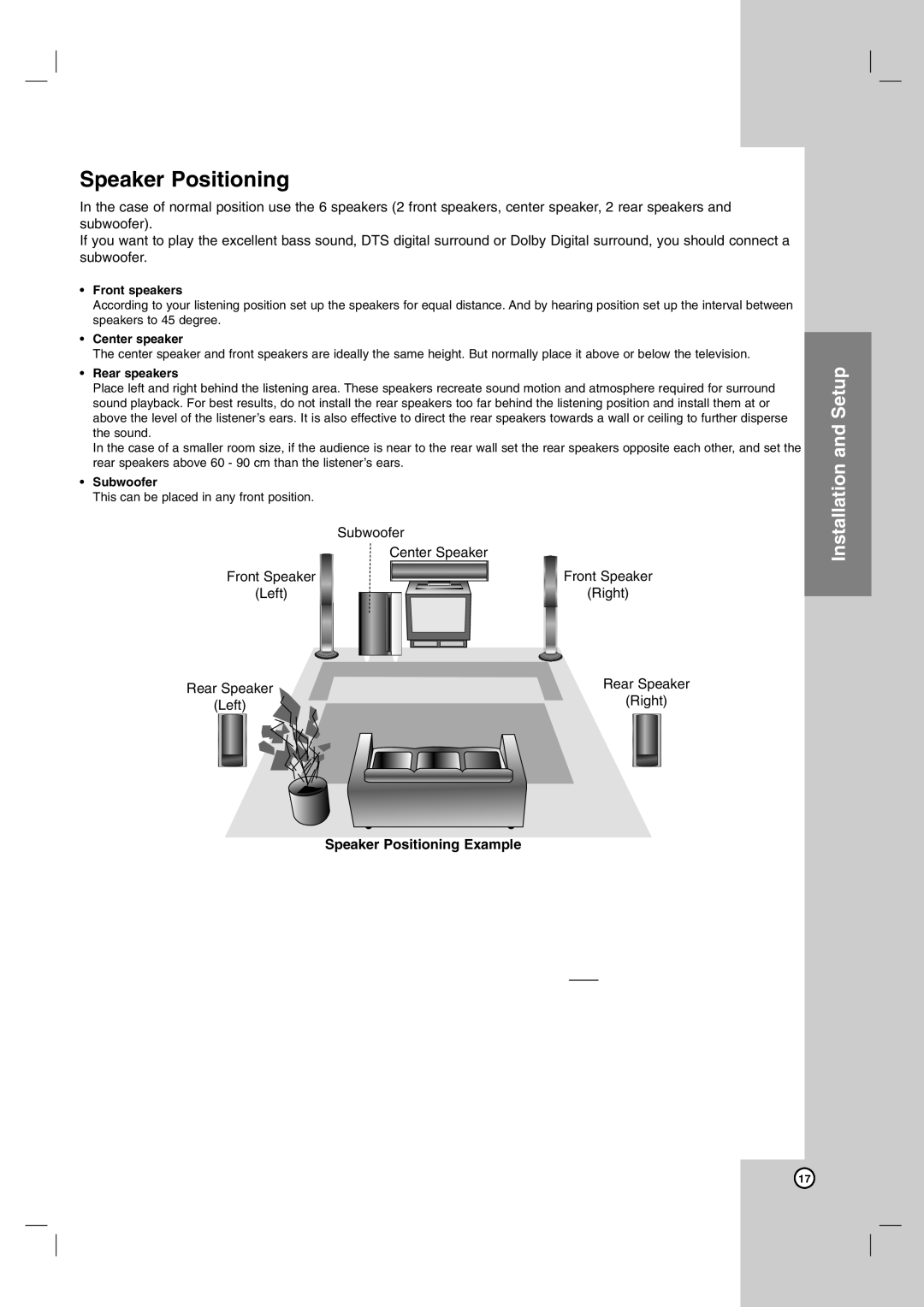 LG Electronics LH-E9674 owner manual Speaker Positioning Example 