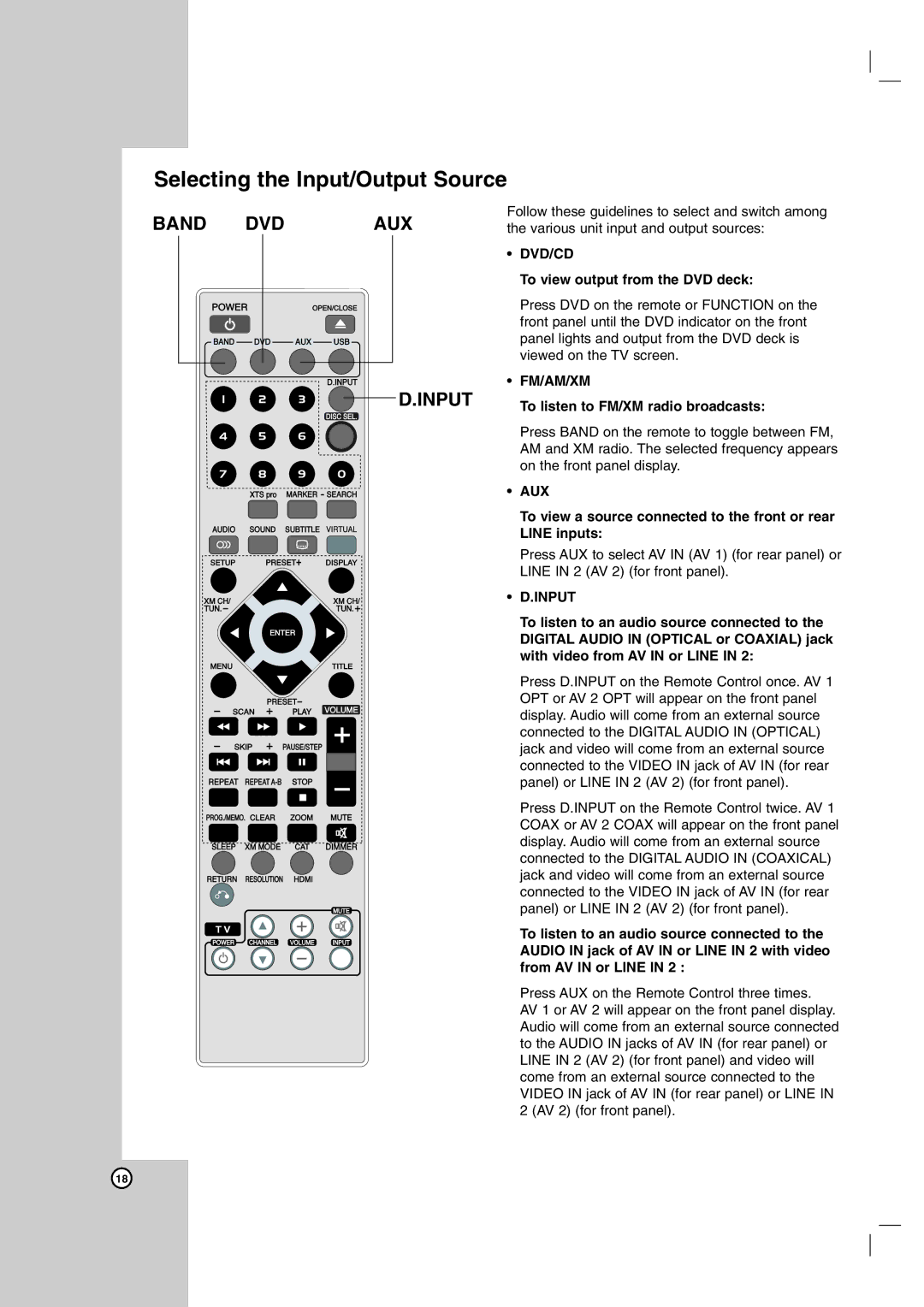 LG Electronics LH-E9674 owner manual Selecting the Input/Output Source, Aux, Dvd/Cd, Fm/Am/Xm 