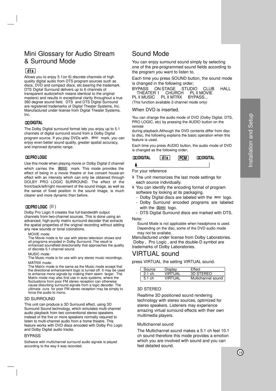 LG Electronics LH-E9674 Mini Glossary for Audio Stream & Surround Mode, Sound Mode, Virtual sound, When DVD is inserted 