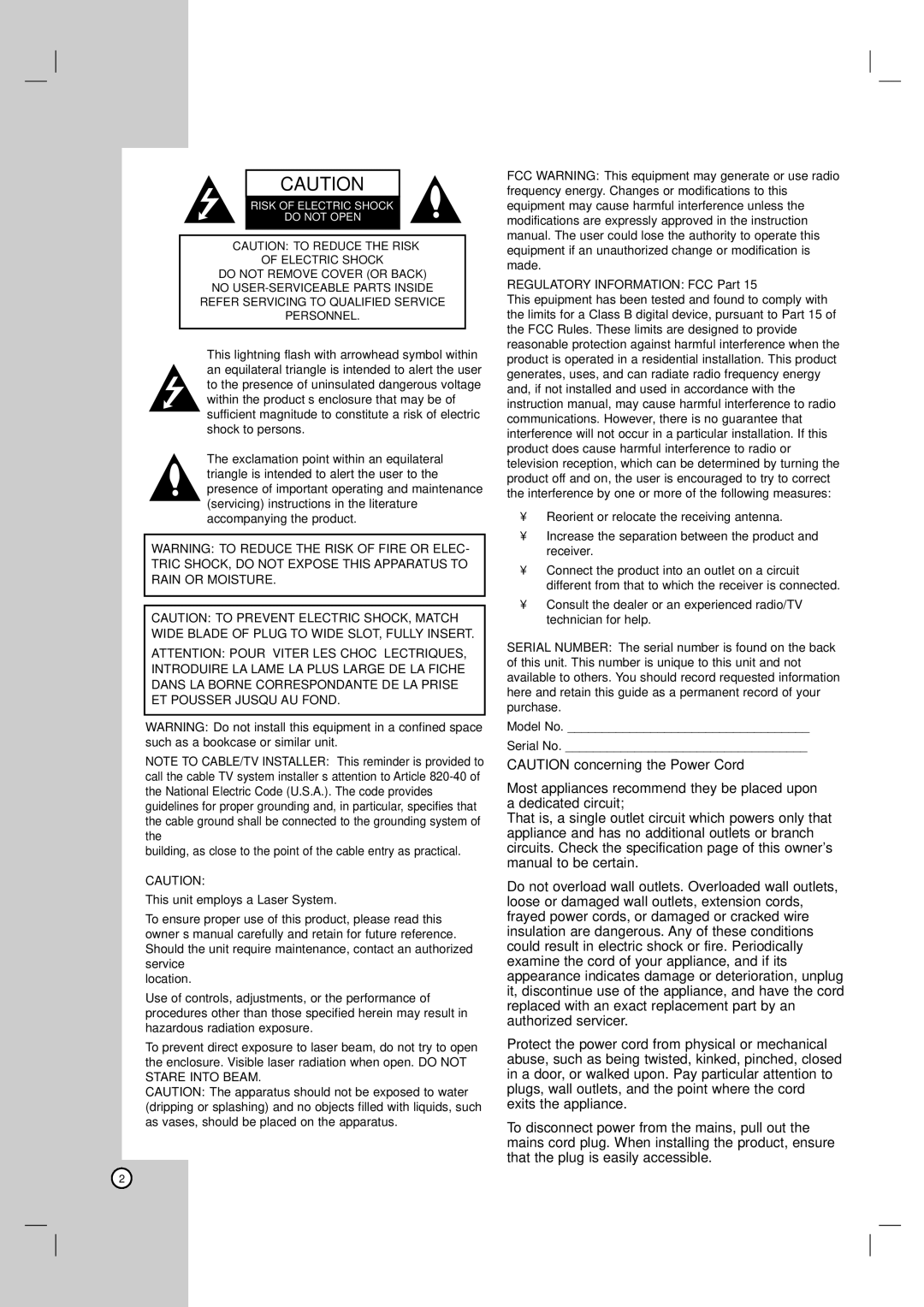 LG Electronics LH-E9674 owner manual Regulatory Information FCC Part 