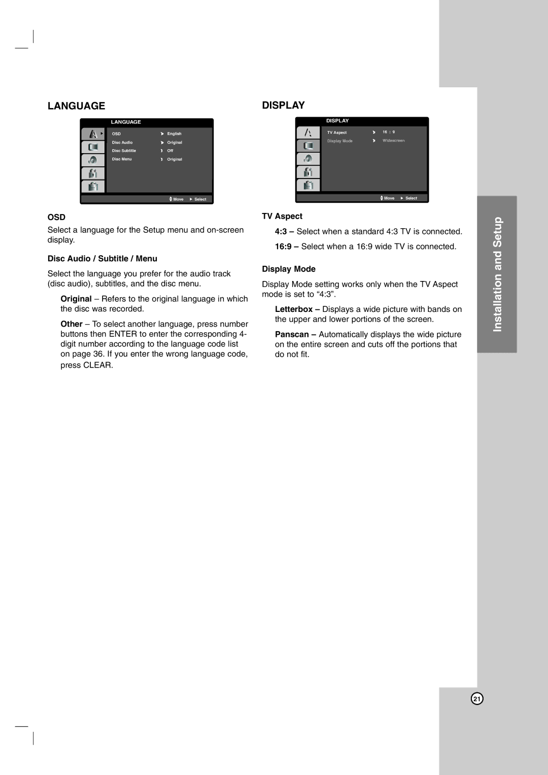 LG Electronics LH-E9674 owner manual Language, Display, Osd 