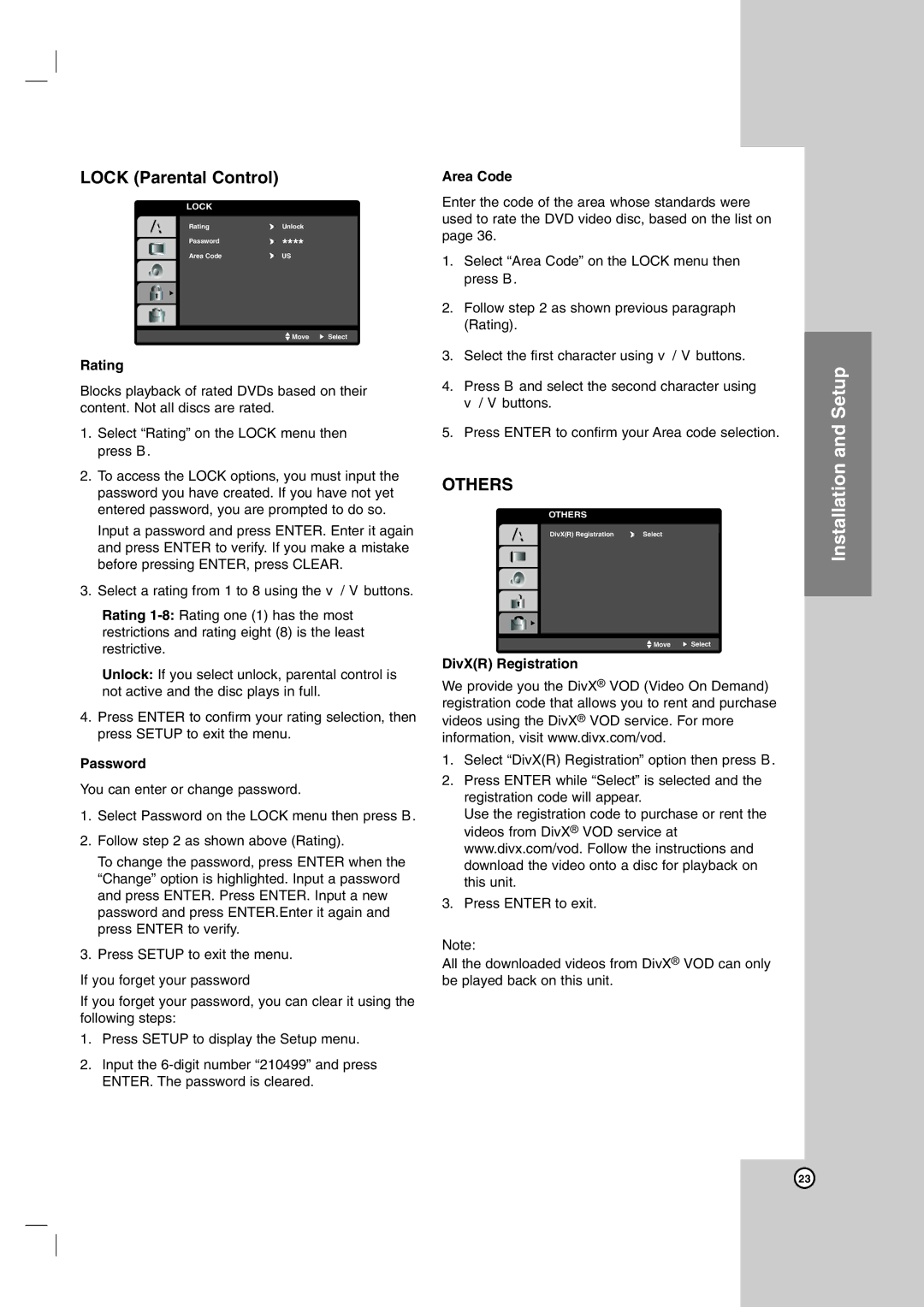 LG Electronics LH-E9674 owner manual Others, Rating, Password, Area Code, DivXR Registration 